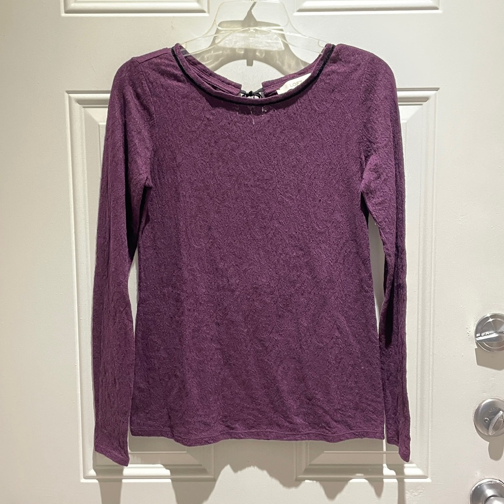 LOFT Dark Purple Lace Black Velvet Trim Long Sleeve Crewneck Blouse Top Size XS